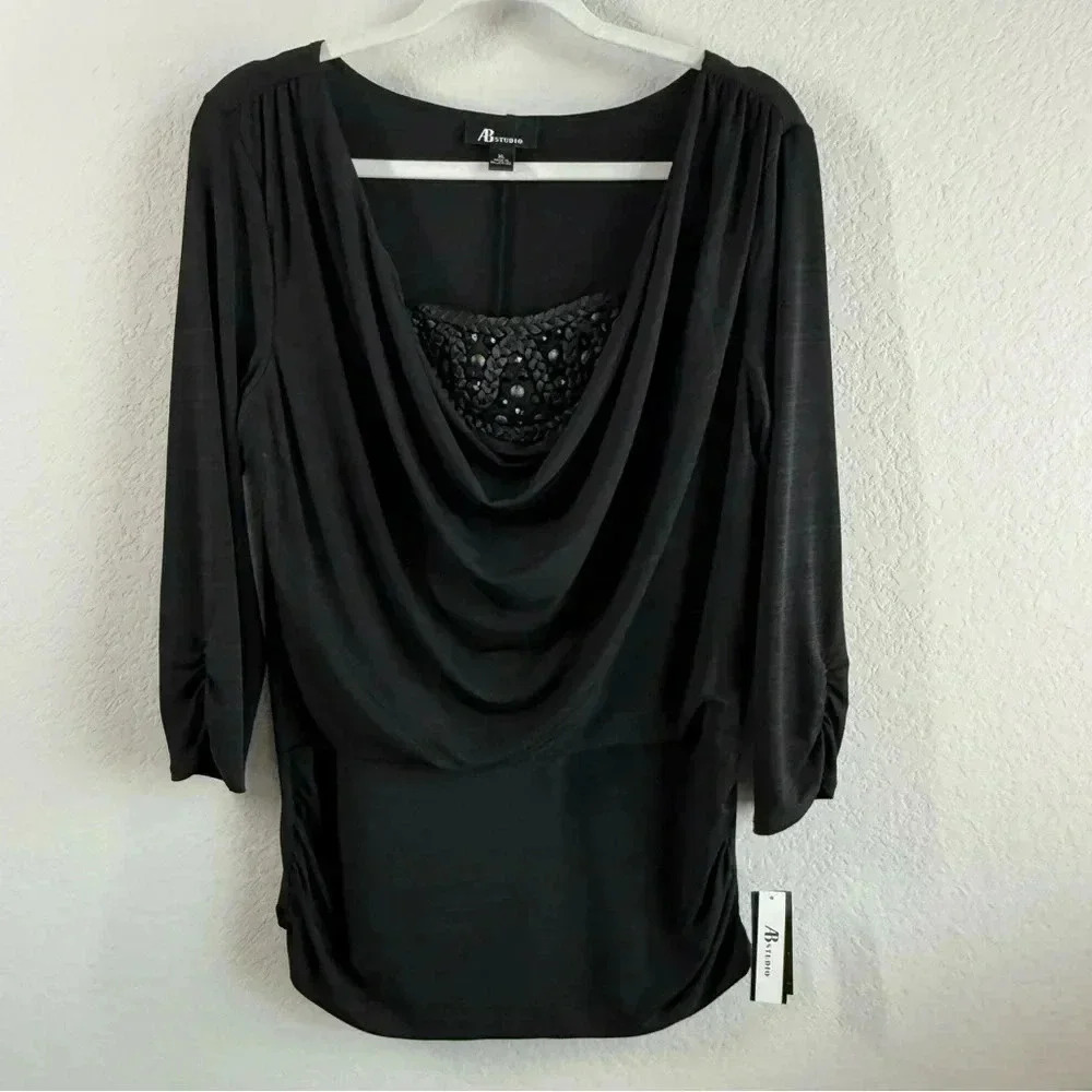 AB Studio Women’s Black 3/4 Sleeve Beaded Scoop Neck Office Casual‎ Top XL NWT
